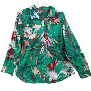 Talbots Women's Cotton Jungle Print Blouse Green Long Sleeve Size Large